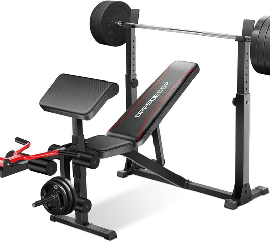 900LBS Weight Bench Set with Squat Rack Preacher Curl Weight Bench with Leg Extension Bench Press Set Workout Bench for Home Gym Full Body Workout